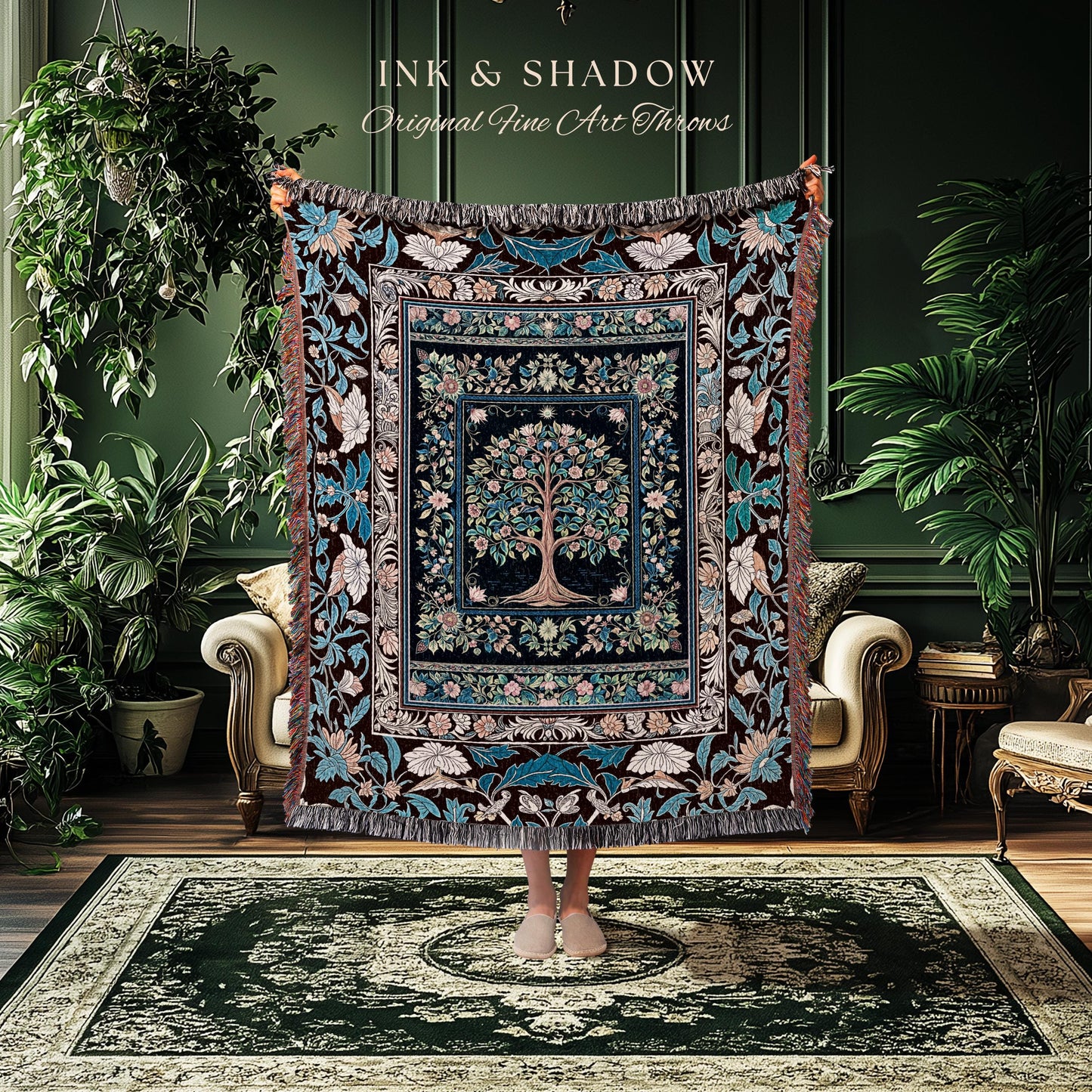 Ornate Grove Tree of Life Tapestry Blanket Jacquard Woven Coverlet