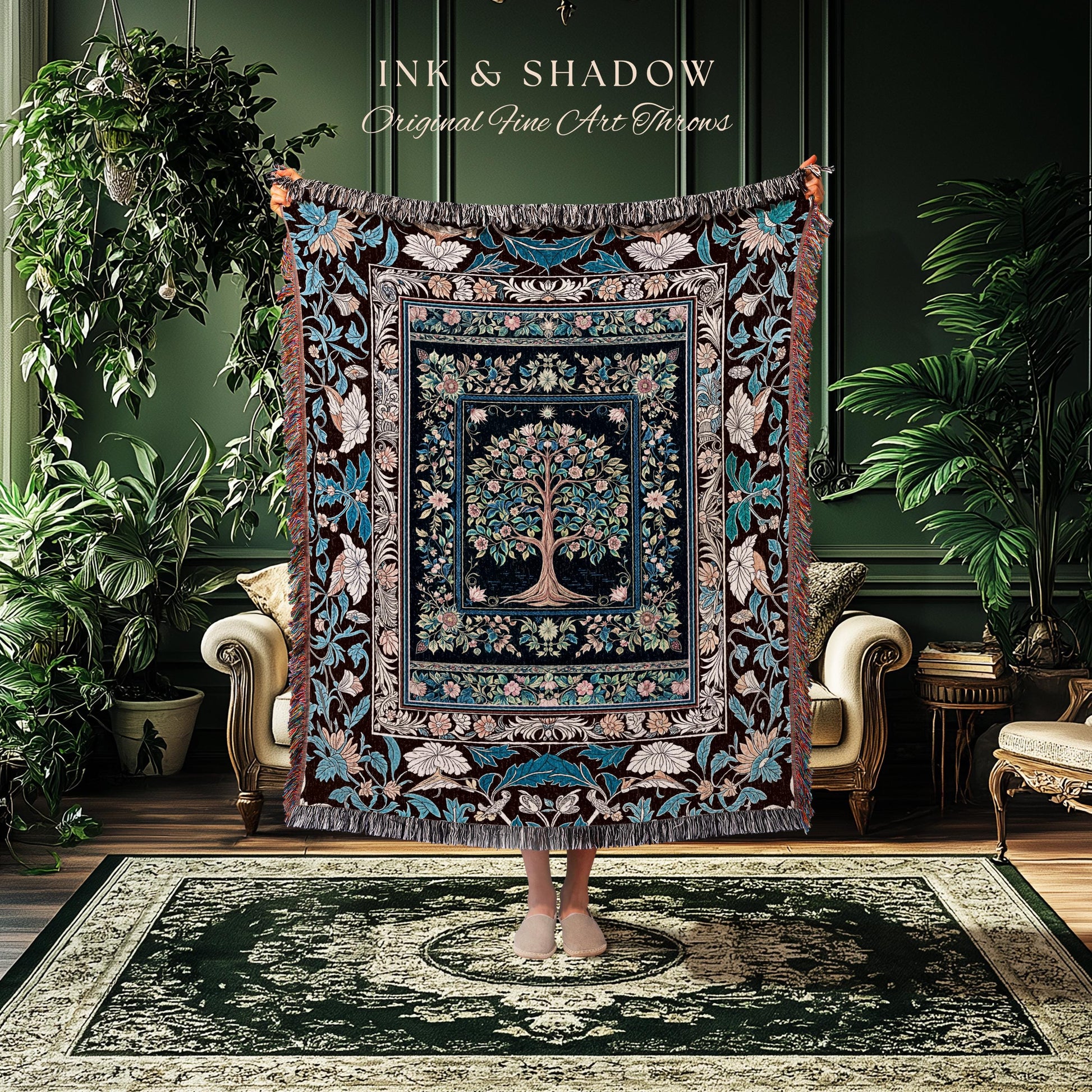 Ornate Grove Tree of Life Tapestry Blanket Jacquard Woven Coverlet