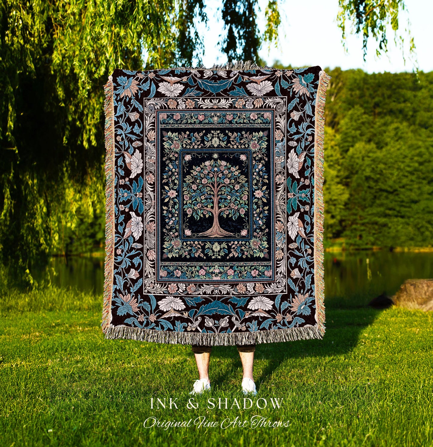 Ornate Grove Tree of Life Tapestry Blanket Jacquard Woven Coverlet