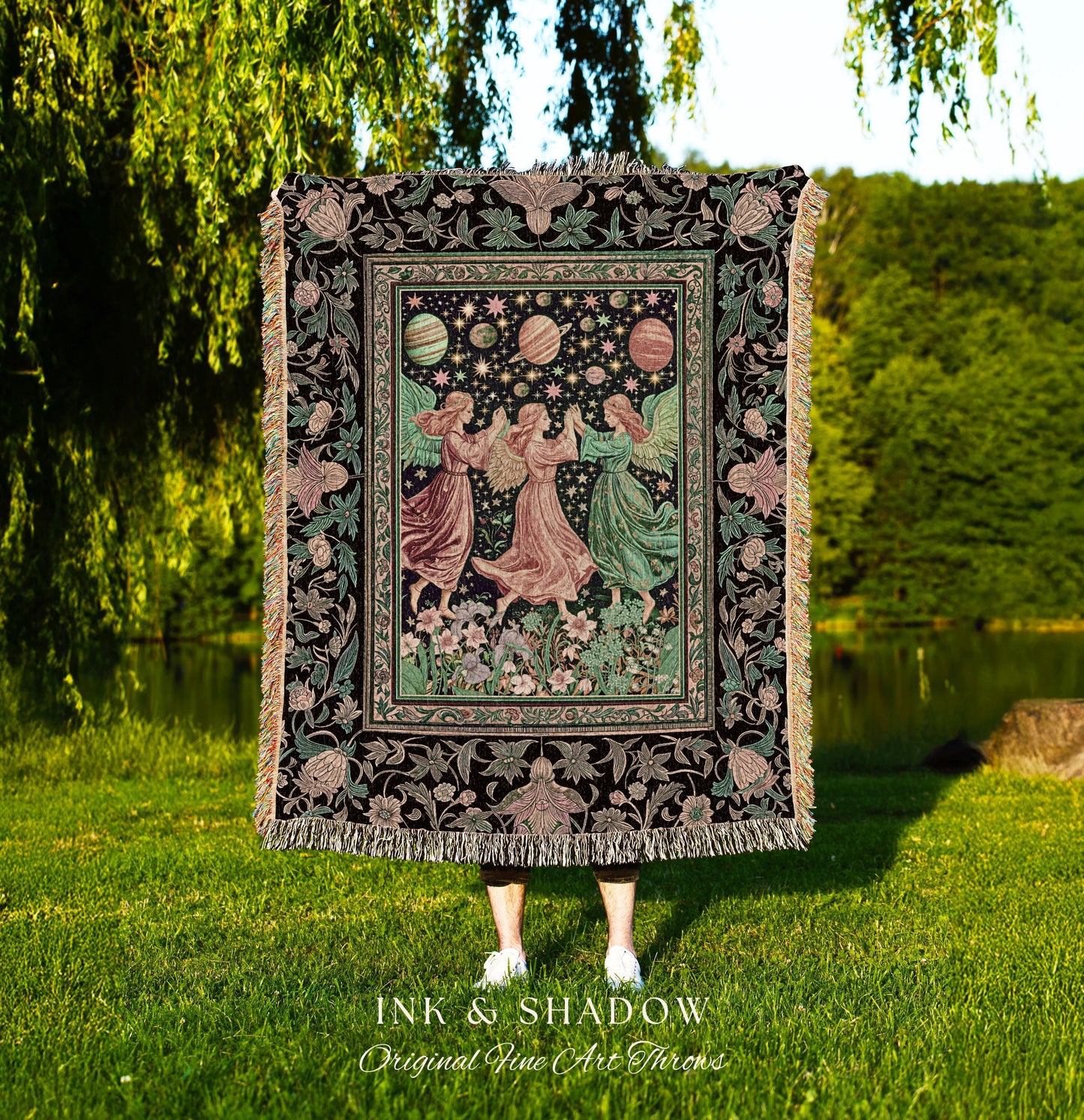 Astral Angels Whimsical Cozy Throw | Modern Medieval Fairycore Blanket Enchanted Dreamy Cottagecore Dark Academia Aesthetic Woven Tapestry |