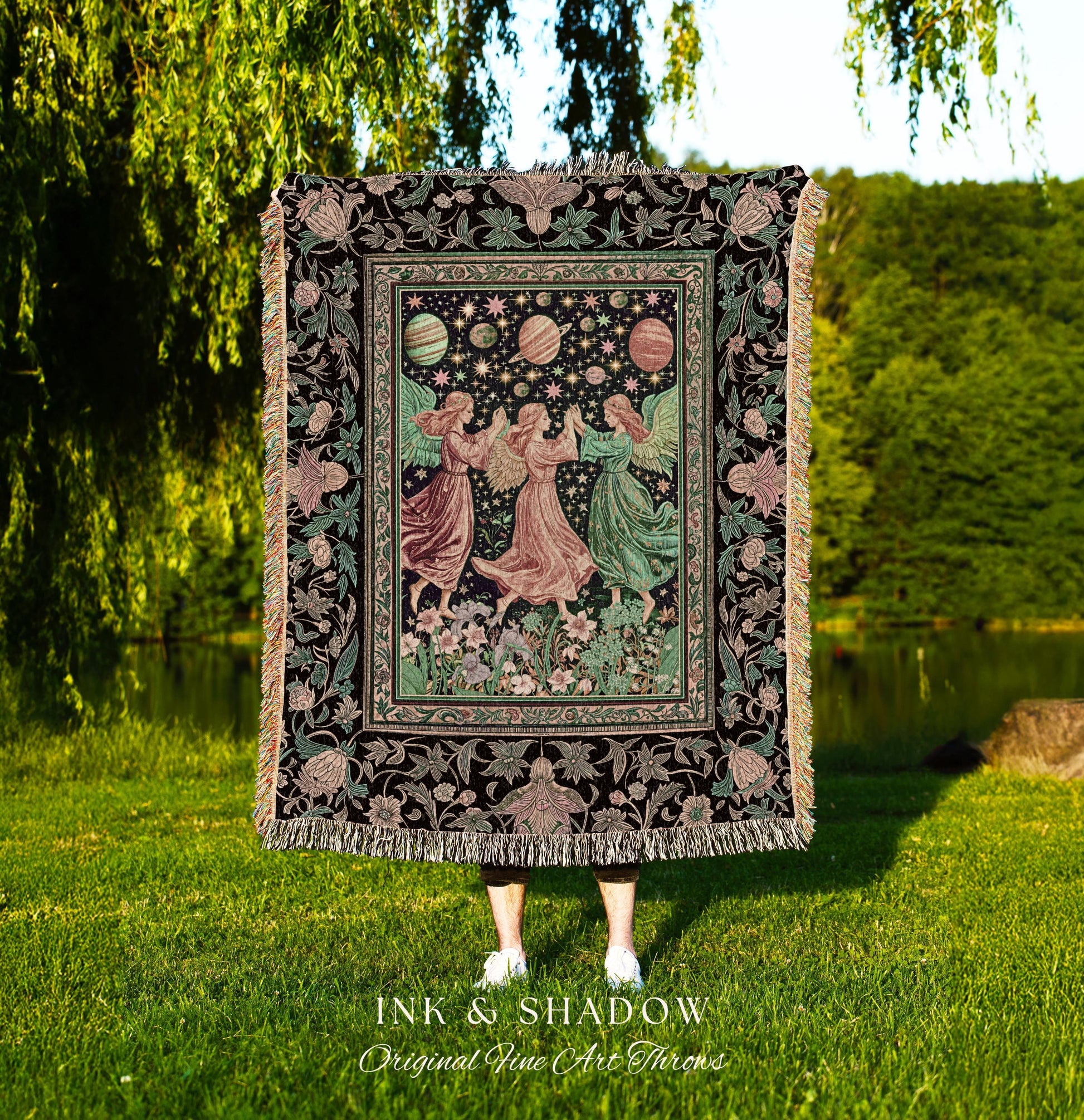 Astral Angels Whimsical Cozy Throw | Modern Medieval Fairycore Blanket Enchanted Dreamy Cottagecore Dark Academia Aesthetic Woven Tapestry |