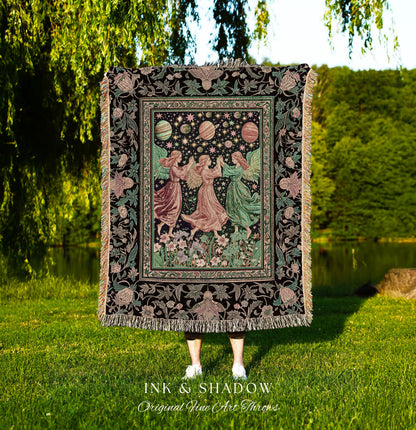 Astral Angels Whimsical Cozy Throw | Modern Medieval Fairycore Blanket Enchanted Dreamy Cottagecore Dark Academia Aesthetic Woven Tapestry |
