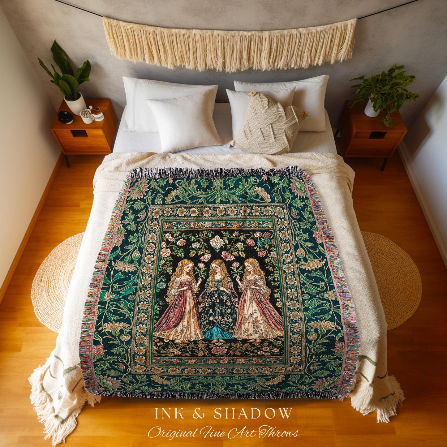 Three Maidens Whimsical Garden Folklore Tapestry Throw Romantic Botanical Cottagecore, Vintage Victorian Floral Fairytale Woven Wall Artwork