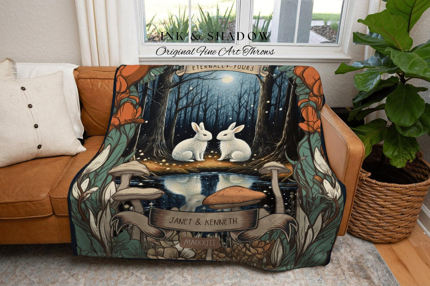 Bunny Blanket Cozy Couples Throw | Cottagecore Wedding Gothic Rabbit Blanket Custom Couples Tapestry Personalized Mr & Mrs Anniversary Gift
