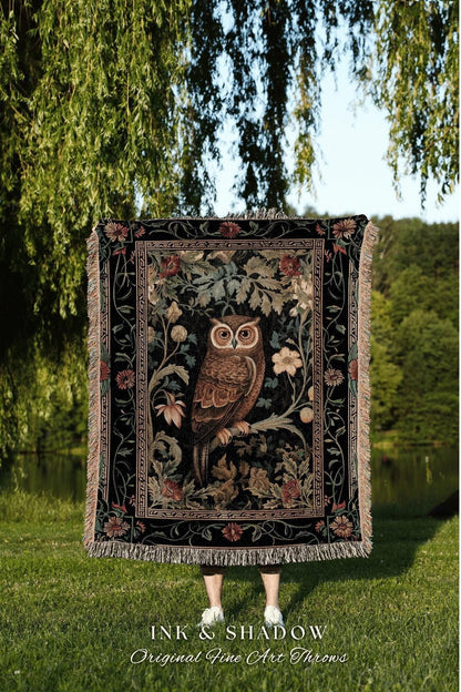 Whimsical Book Nook Owl Blanket | Woodland Room Decor Morris Inspired Forest Aesthetic Fairycore Boho Woven Tapestry Floral Owl Decoration