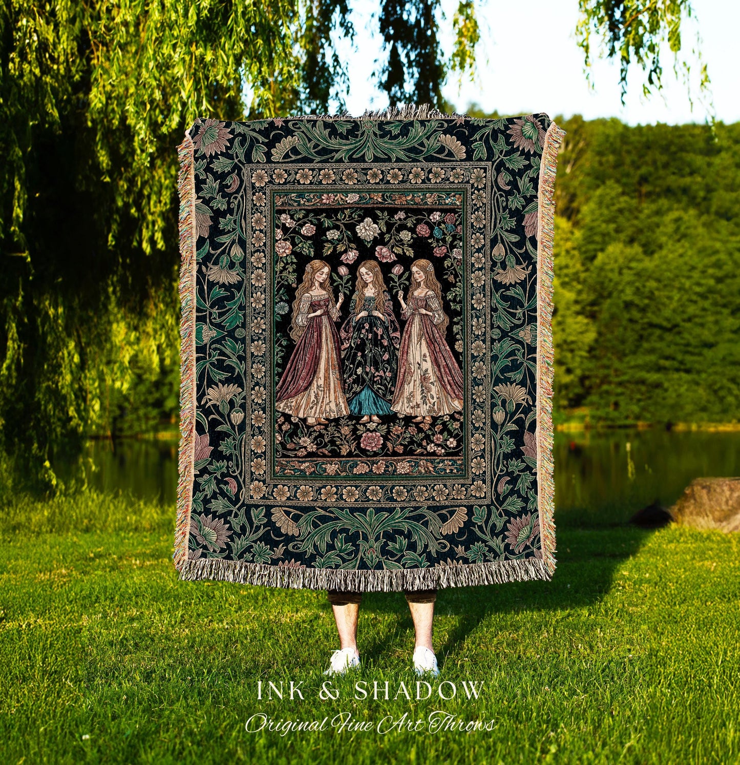 Three Maidens Whimsical Garden Folklore Tapestry Throw Romantic Botanical Cottagecore, Vintage Victorian Floral Fairytale Woven Wall Artwork