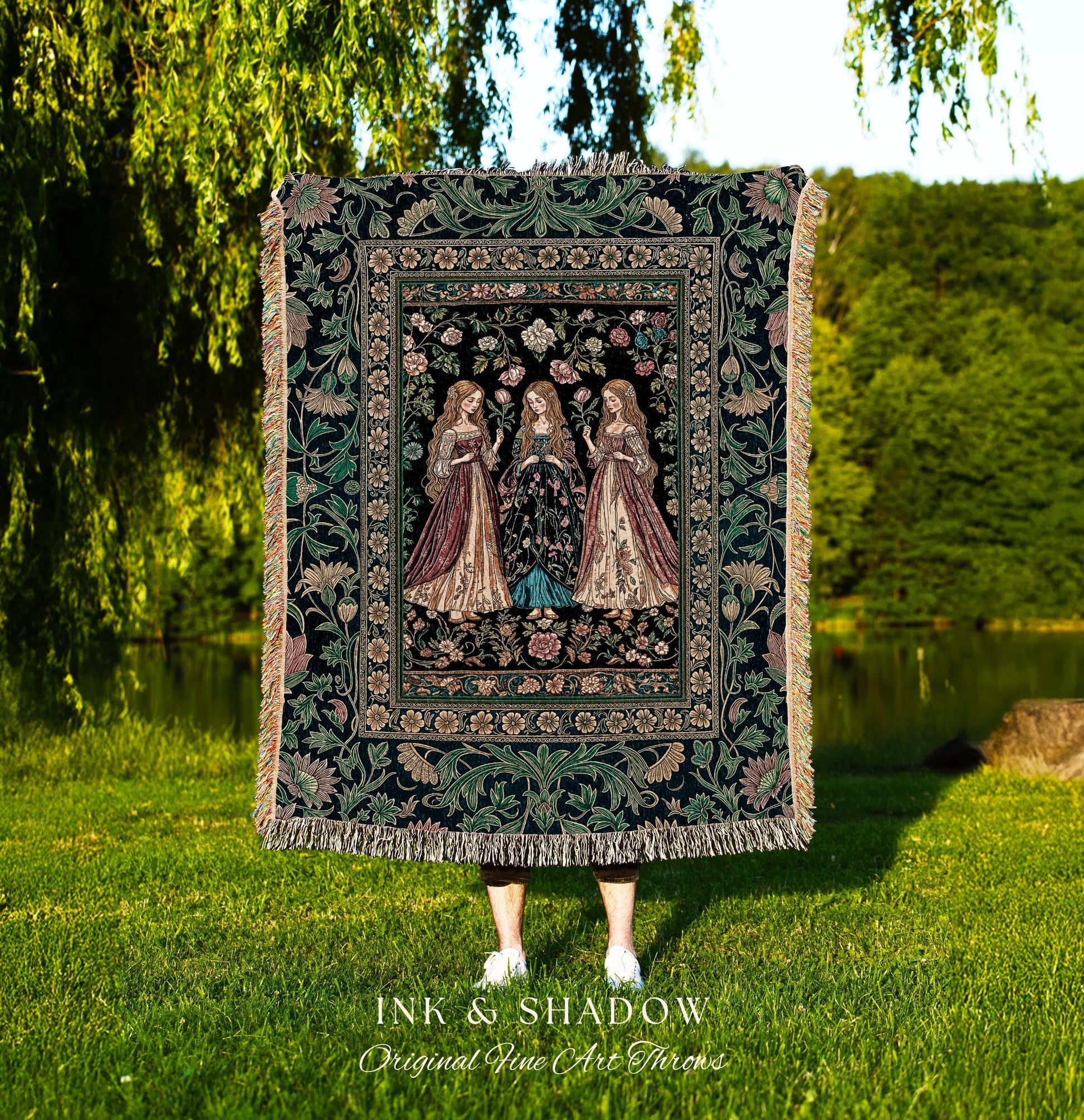 Three Maidens Whimsical Garden Folklore Tapestry Throw Romantic Botanical Cottagecore, Vintage Victorian Floral Fairytale Woven Wall Artwork