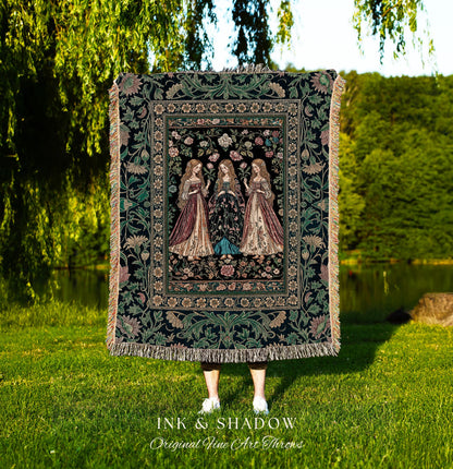 Three Maidens Whimsical Garden Folklore Tapestry Throw Romantic Botanical Cottagecore, Vintage Victorian Floral Fairytale Woven Wall Artwork