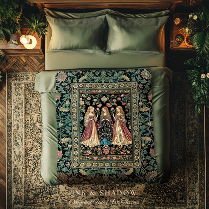 Three Maidens Whimsical Garden Folklore Tapestry Throw Romantic Botanical Cottagecore, Vintage Victorian Floral Fairytale Woven Wall Artwork