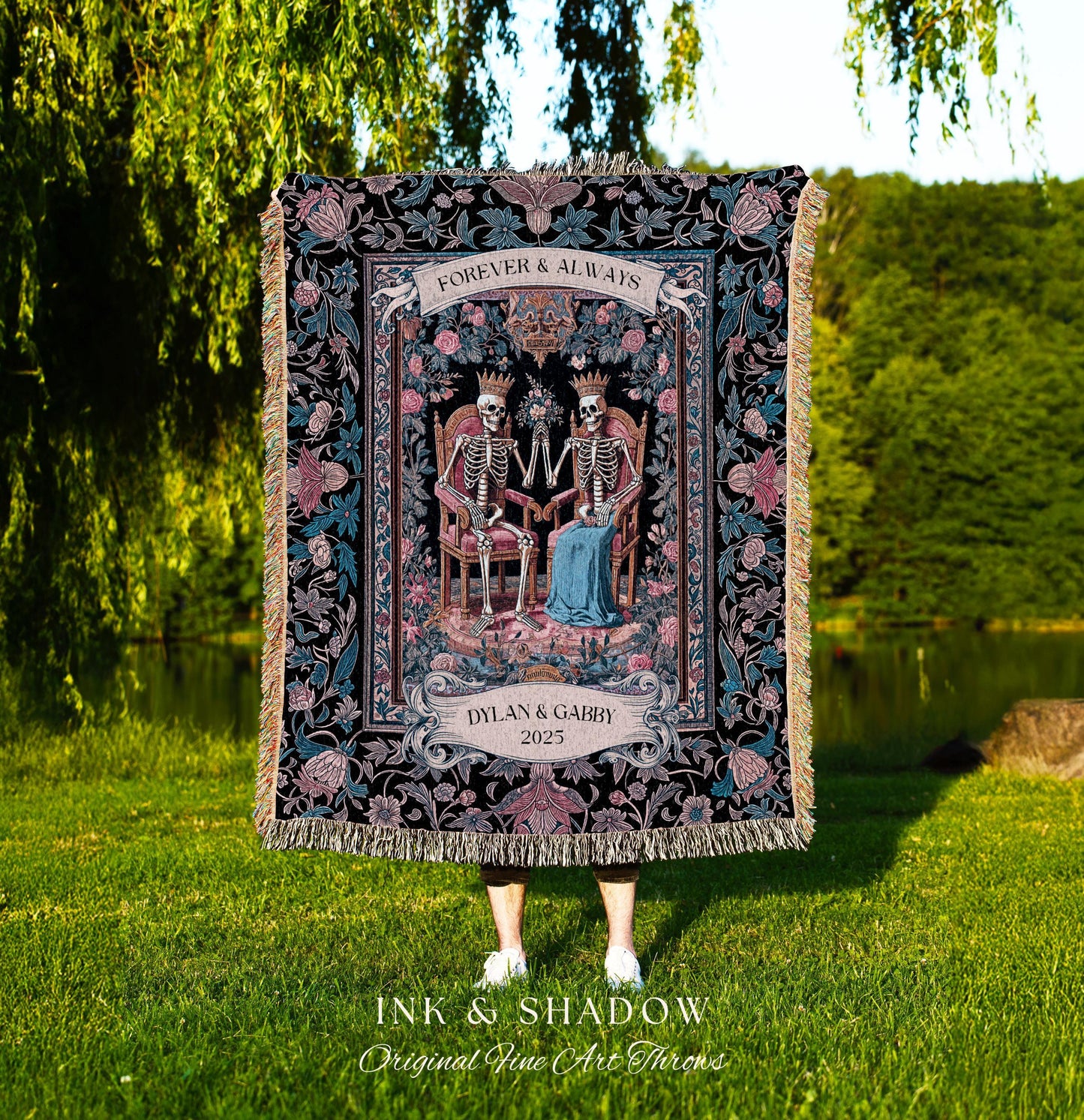 Custom Names Skeleton Couple Floral Throw | Baroque Aesthetic Renaissance Personalized Gothic Fairytale Magic Royal Theme Wedding Celestial