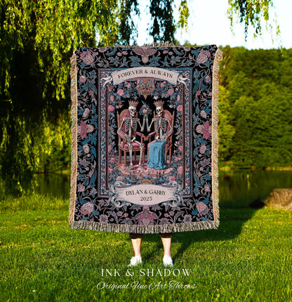 Custom Names Skeleton Couple Floral Throw | Baroque Aesthetic Renaissance Personalized Gothic Fairytale Magic Royal Theme Wedding Celestial