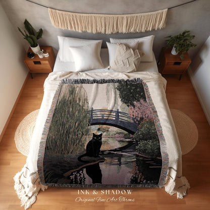Black Cat Tapestry Landscape Blanket Woven Art Claude Monet Bridge Over a Pond of Water Lilies | Black Cat Art Tapestry Monet Inspired Art |