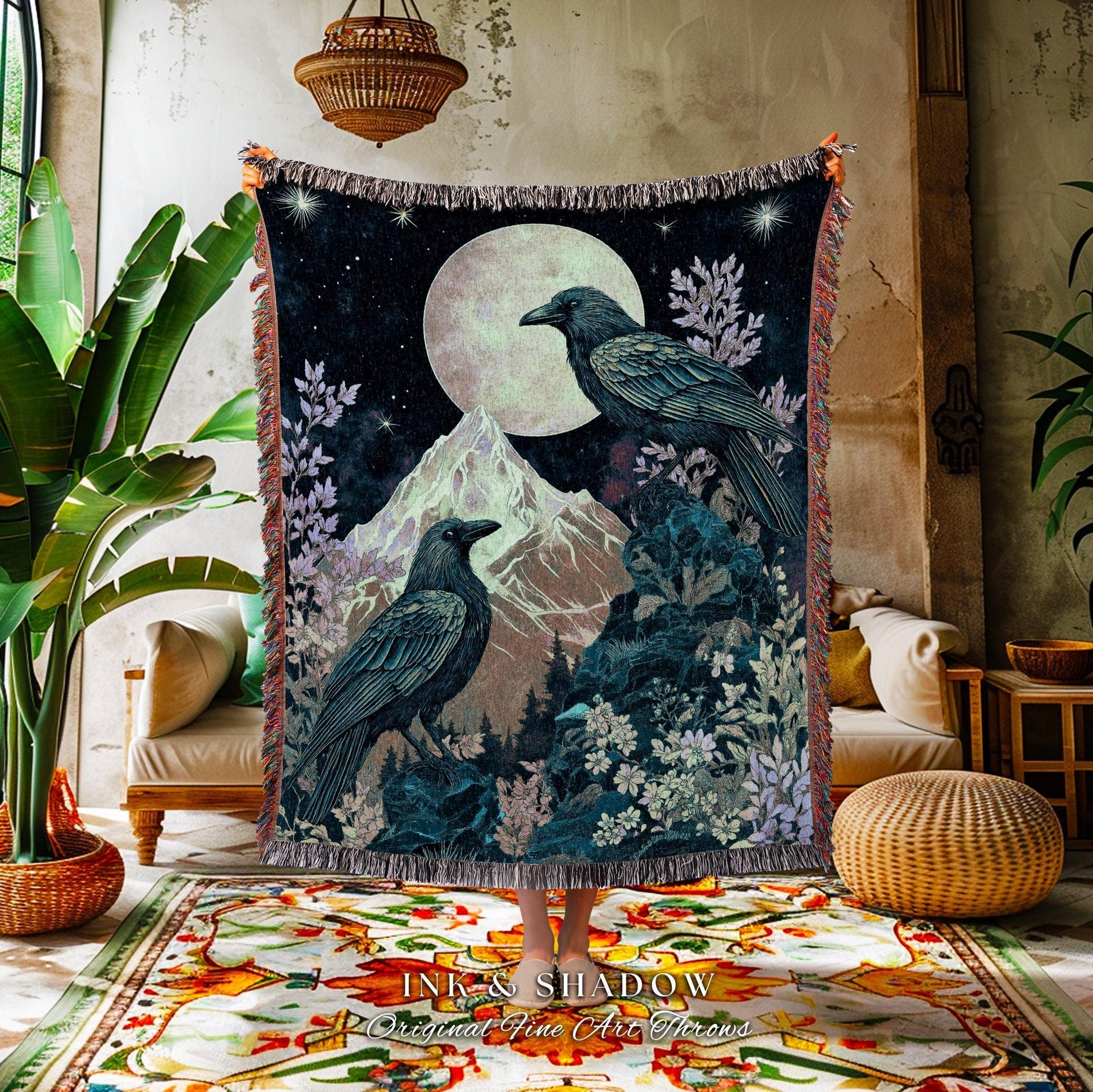 Pastel Gothic Crow Wall Tapestry | Floral Celestial Crowcore Blanket Whimsical Enchantment Floral Woodland Goblincore Raven Bedding Ethereal