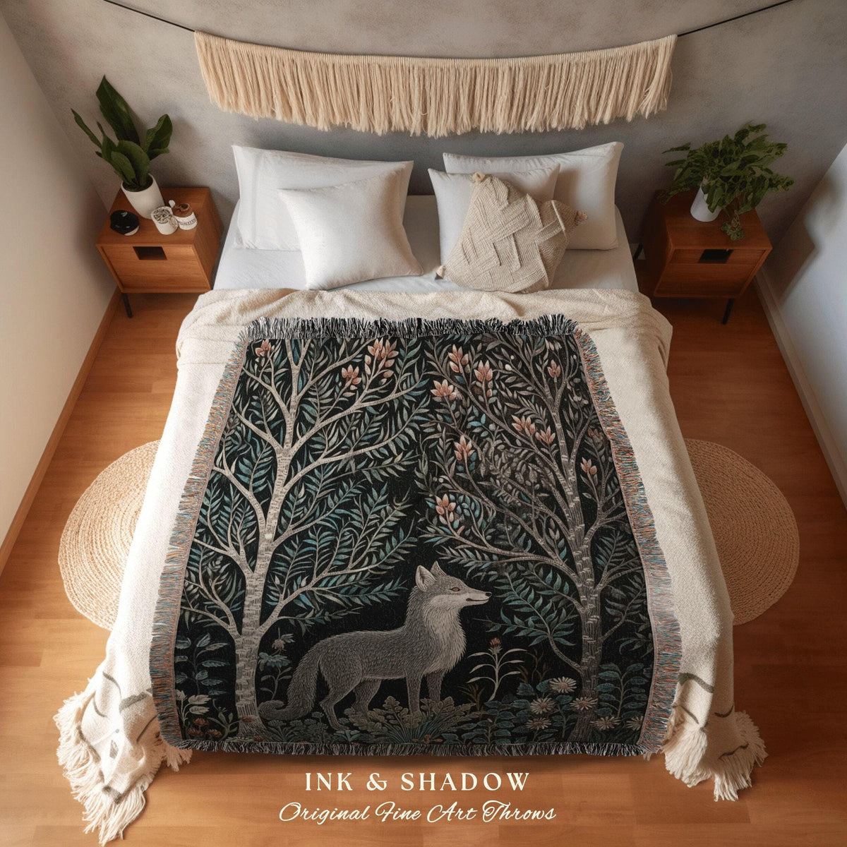 Woodland Gothic Scandinavian Folk Blanket | Danish Pastel Wolf Blanket Woven Tapestry William Morris Style Woodland Goth Dark Cottagecore |