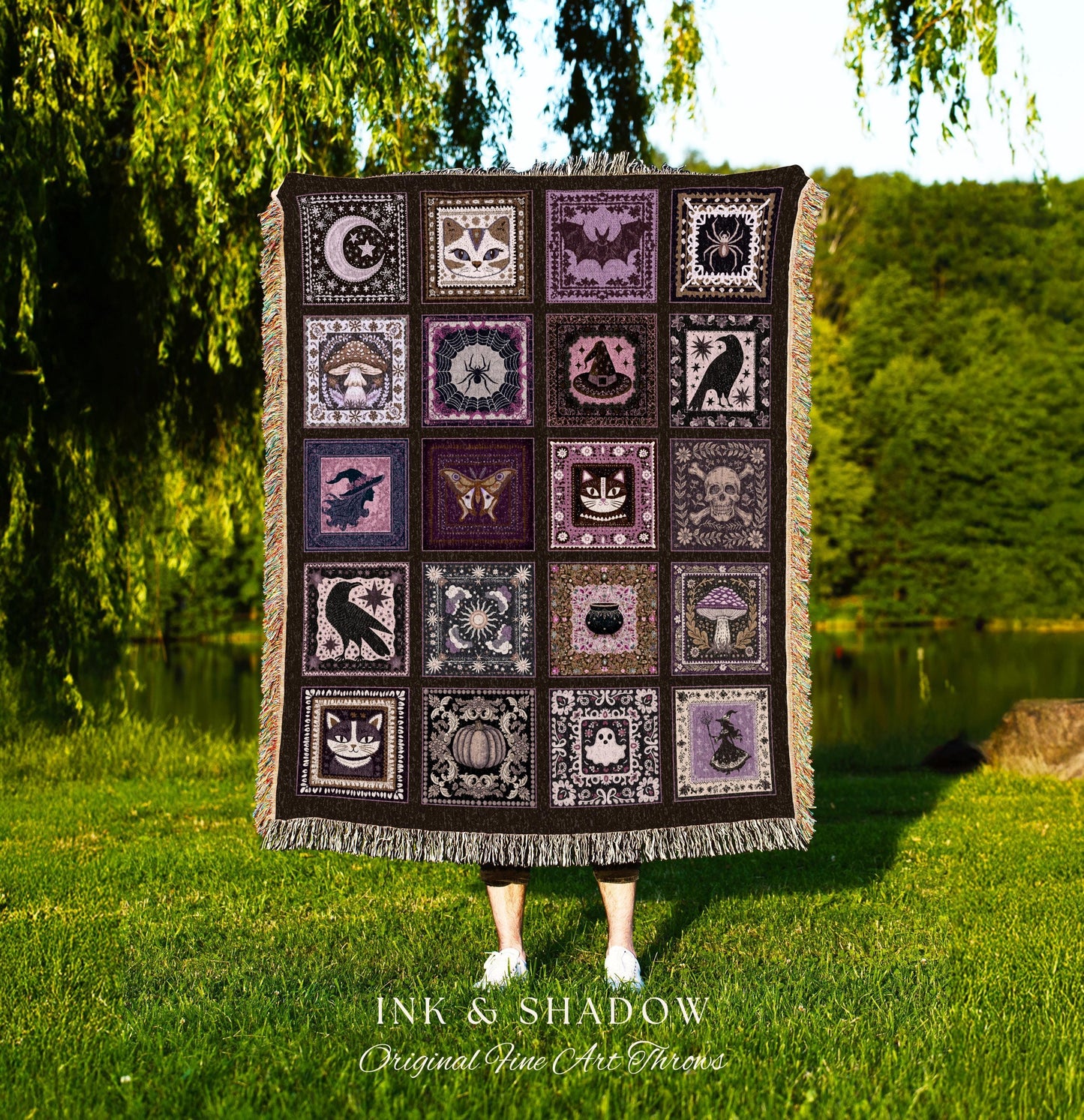 Cozy Cute Whimsigoth Halloween Patchwork Purple Blanket Witchy Folk Art Throw | Magic Witchy Tapestry Style Dark Academia Woven Wall Art