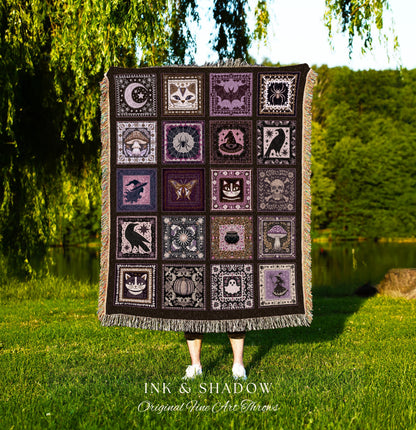 Cozy Cute Whimsigoth Halloween Patchwork Purple Blanket Witchy Folk Art Throw | Magic Witchy Tapestry Style Dark Academia Woven Wall Art