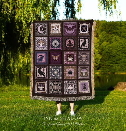Moody Witch Halloween Throw Blanket | Gothic Cozy Bedroom Accent Tapestry Whimsigoth Decor Dark Academia Gift Cute Spooky Home Purple Decor