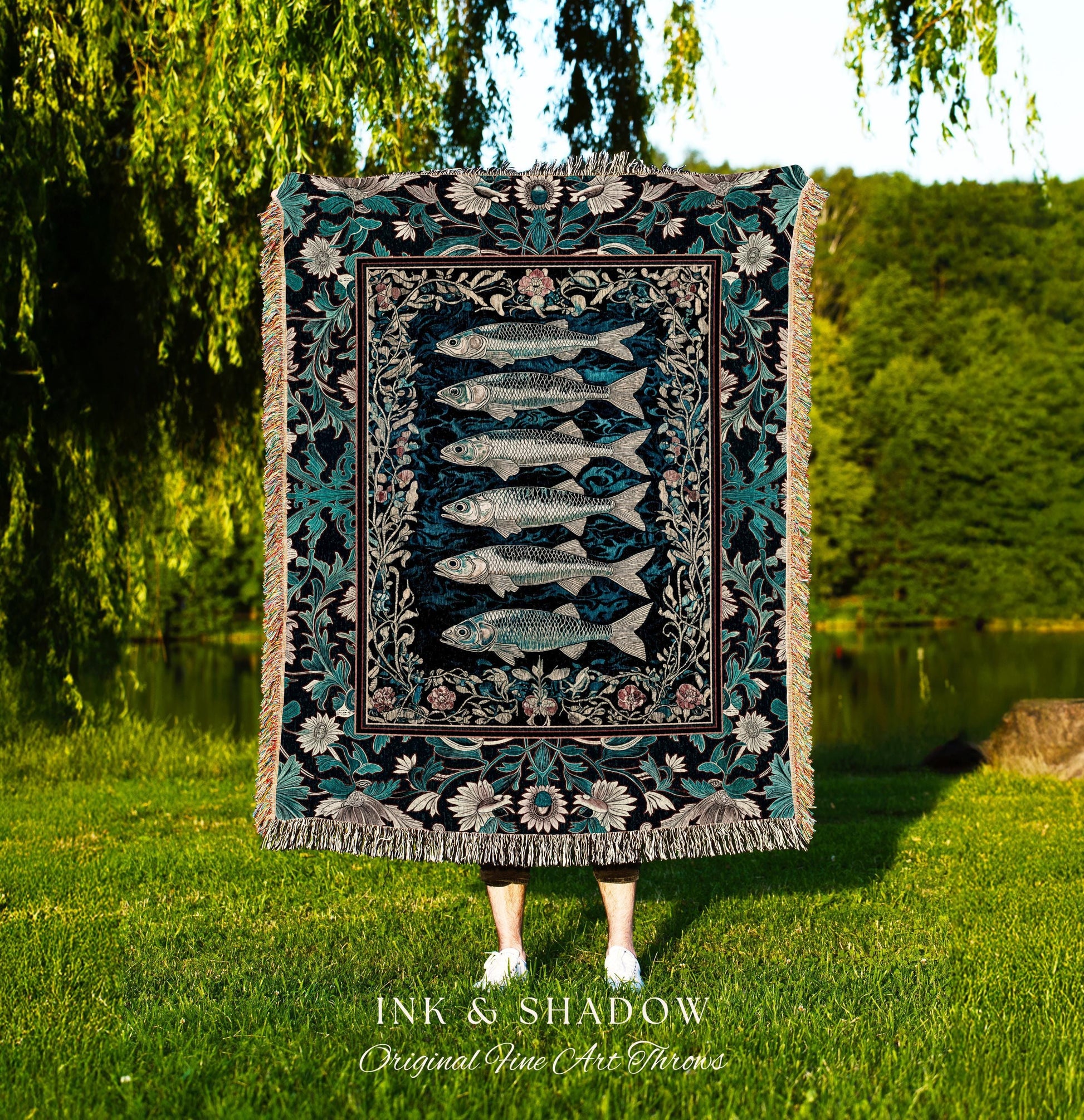 Bohemian Whimsy Sardine Blanket Coastal Ocean Academia Decor, Fairy Grunge Cottagecore Sealife Marine Rustic Fish Beach House Tapestry Throw