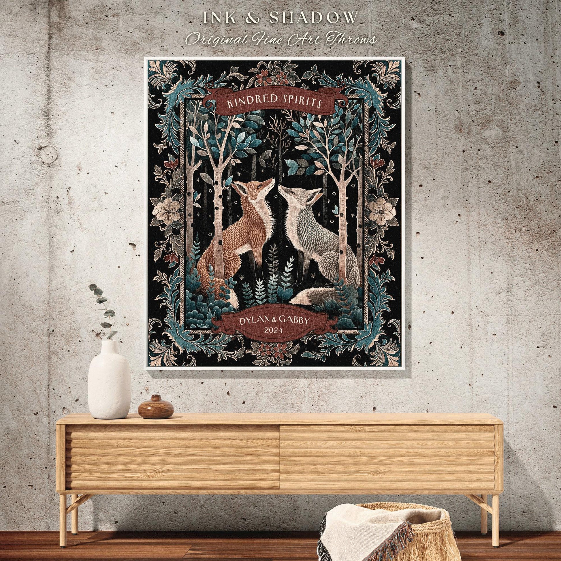 Best Friend Fox Blanket Personalized | Woodland Gothic Fox Blanket Cute Couples Tapestry Custom Dating Anniversary Blanket Bestie Gift |