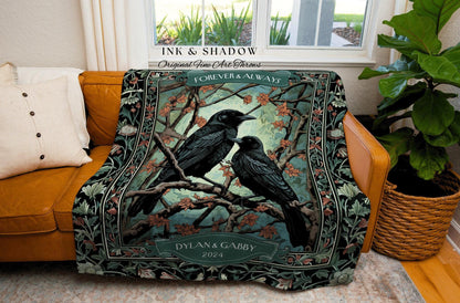 Personalized 'Forever & Always' Woven Blanket | Crow Core Couple Aesthetic Woven Throw Custom Dating Gift Gothic Raven Tapestry Witchy |