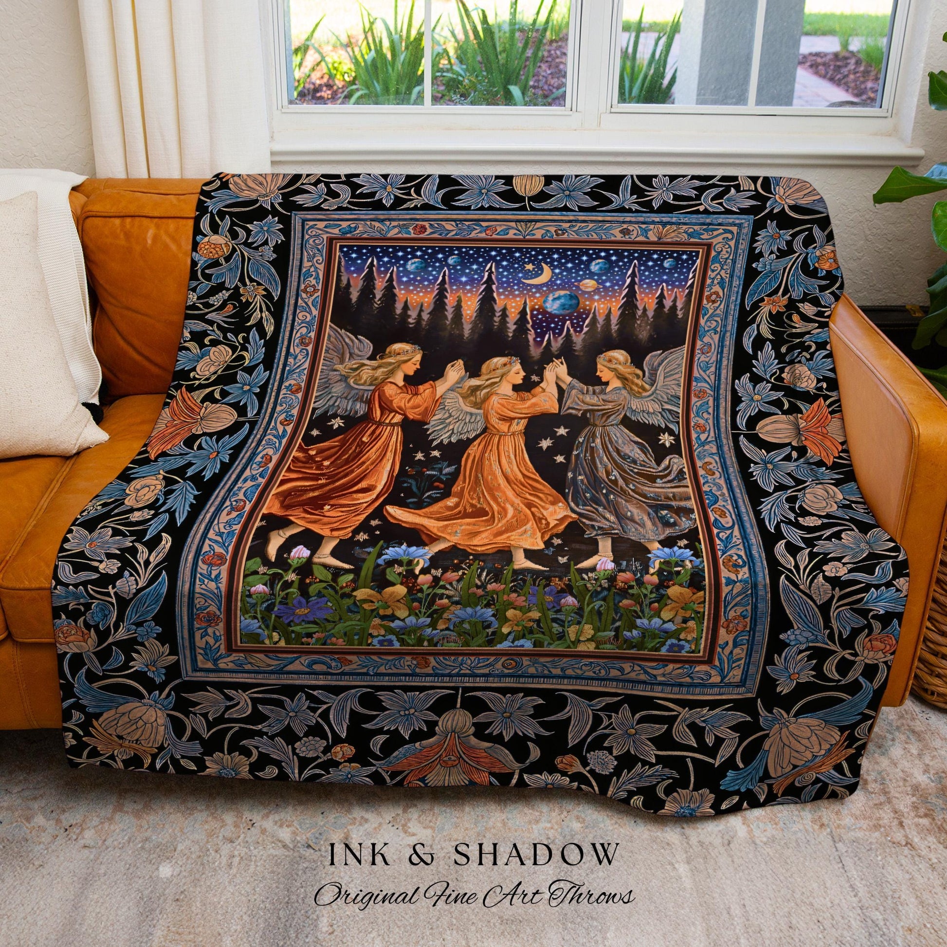 Woodland Folklore Fairies Tapestry | Medieval Moonlit Bohemian Woven Throw Blanket Dreamy Spirits Midsummer Aesthetic Dark Academia Bedroom