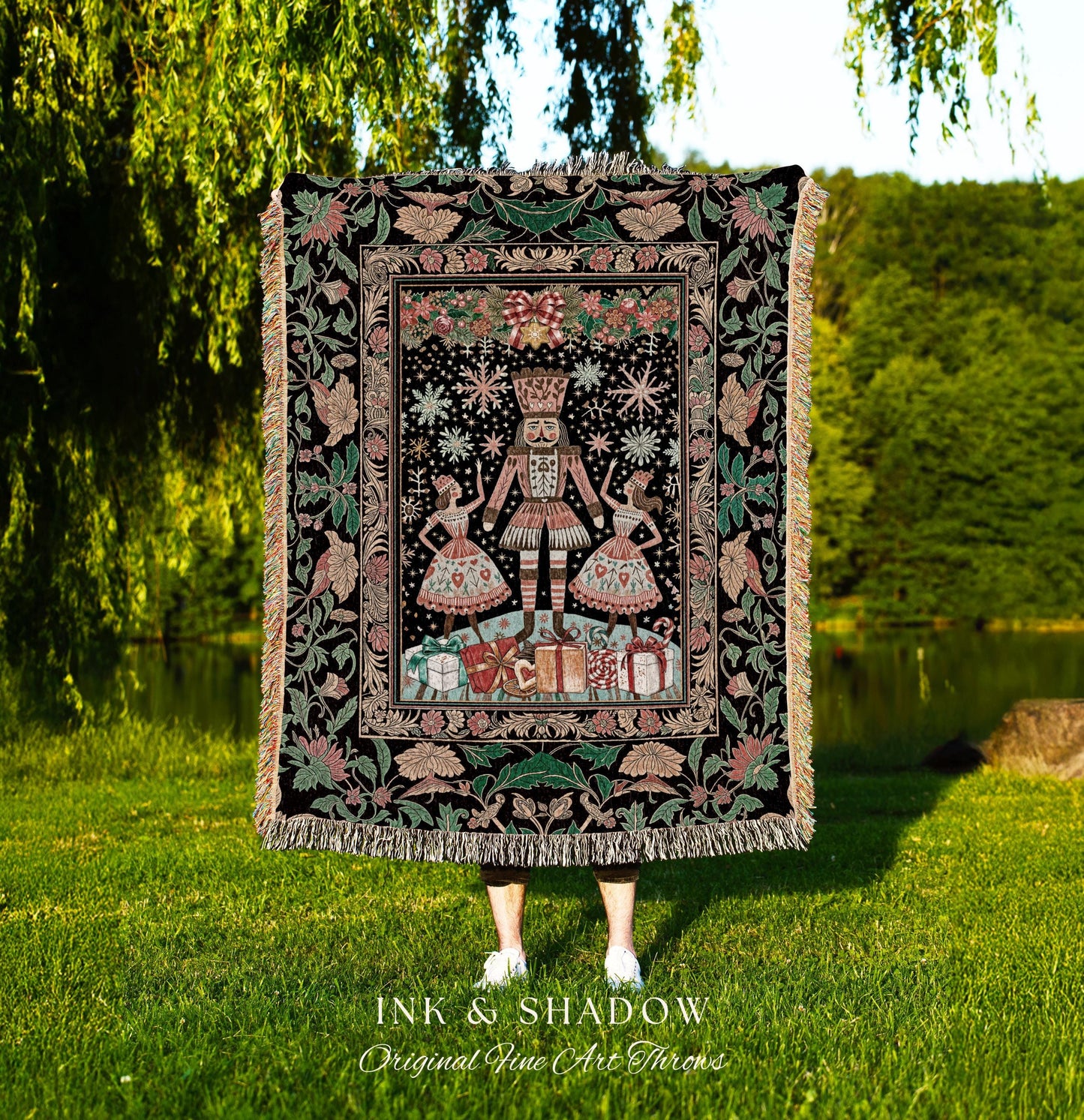 Xmas Nostalgia Cozy Nutcracker Blanket | Scandinavian Whimsy Nordic Holiday Tapestry Christmas Decor Ballet Woven Throw Accent Seasonal Gift