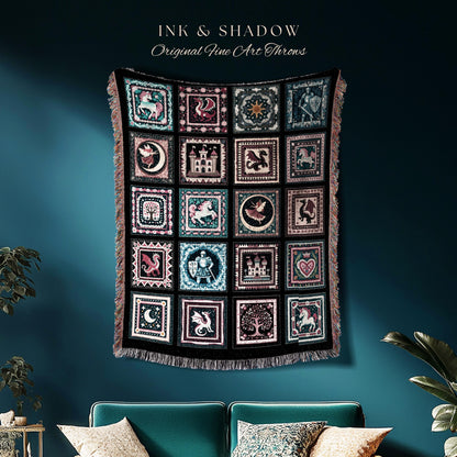 Fable Inspired Storybook Blanket | Folklore Woven Tapestry Medieval Fantasy Themed Knight and Unicorn Vintage Once Upon a Time Fairytale |