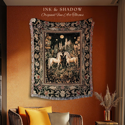 Royal Aesthetic Woven Unicorn Throw | Fairycore Tapestry Rustic Coverlet Home Accent Gothic Whimsical Florals Storybook Blanket Whimsical |