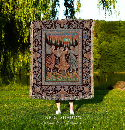 Retro Fairy Meadow Cozy Throw Blanket | Whimsigothic Wall Tapestry Cottagecore Dreamy Medieval Academia Aesthetic Mystic Folklore Enchanted