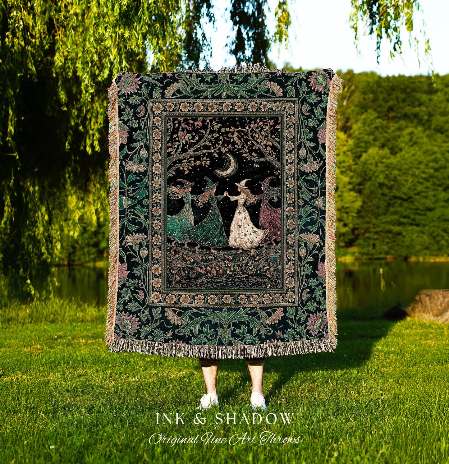 Whimsical Witch Sisterhood Throw Blanket | Dreamy Sisterhood Forest Baroque Floral Gothic Decor Mystic Boho Sorceress Woodland Wall Tapestry