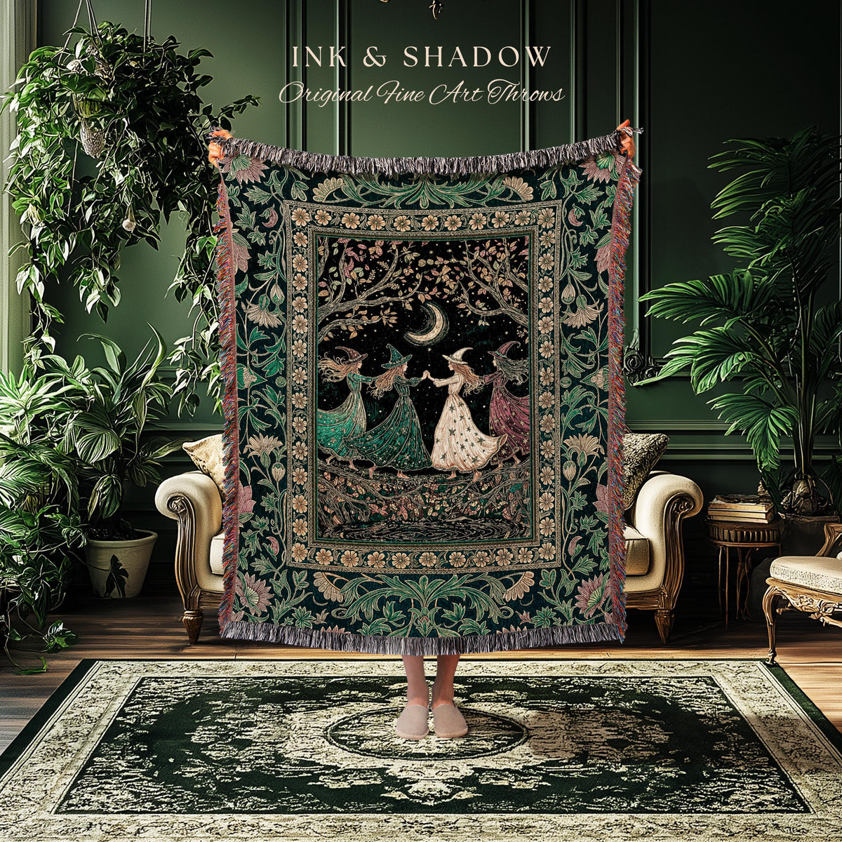 Whimsical Witch Sisterhood Throw Blanket | Dreamy Sisterhood Forest Baroque Floral Gothic Decor Mystic Boho Sorceress Woodland Wall Tapestry