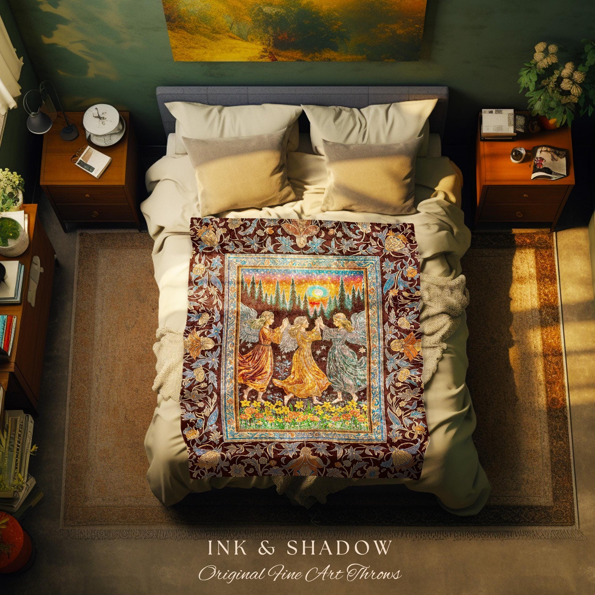 Retro Fairy Meadow Cozy Throw Blanket | Whimsigothic Wall Tapestry Cottagecore Dreamy Medieval Academia Aesthetic Mystic Folklore Enchanted