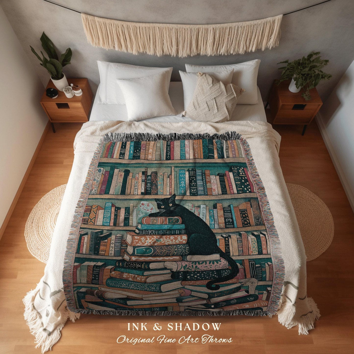 Whimsical Black Cat Book Lover Woven Tapestry Blanket | Literary Library Bookshelf Dark Academia Art Cozy Reading Nook Cute Cottagecore Home