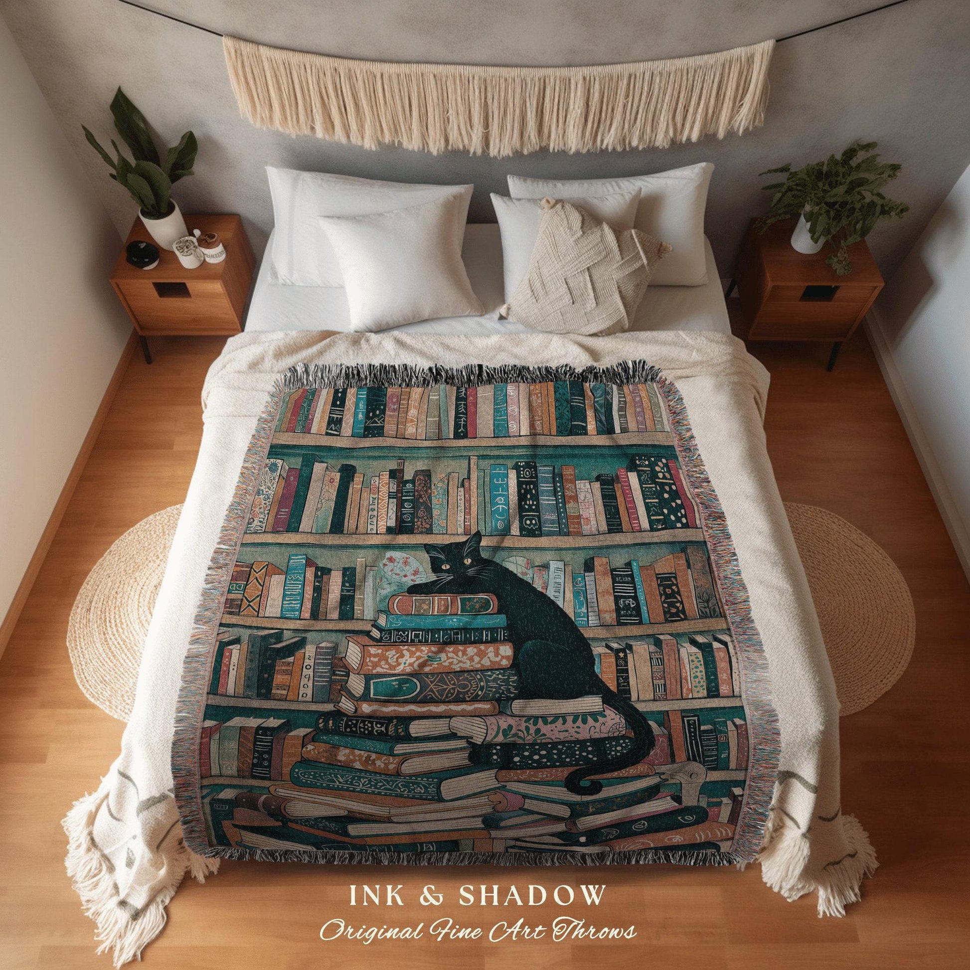 Whimsical Black Cat Book Lover Woven Tapestry Blanket | Literary Library Bookshelf Dark Academia Art Cozy Reading Nook Cute Cottagecore Home