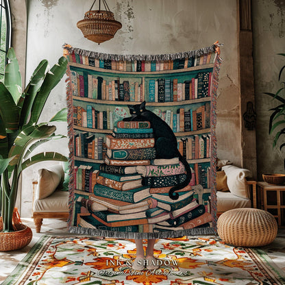 Whimsical Black Cat Book Lover Woven Tapestry Blanket | Literary Library Bookshelf Dark Academia Art Cozy Reading Nook Cute Cottagecore Home