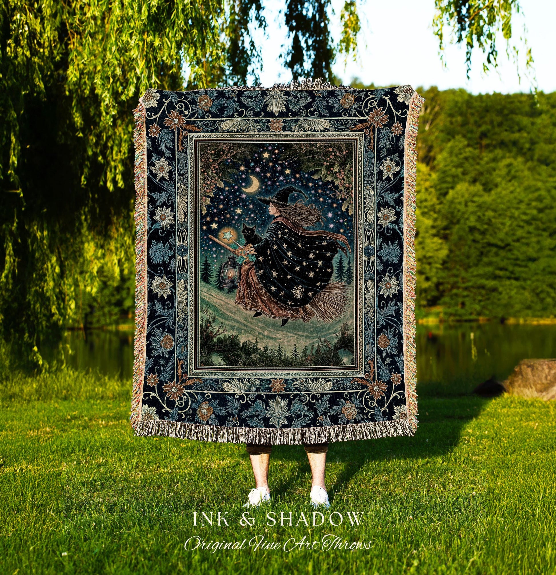 Nostalgic Storybook Witch Blanket | Gothic Woven Tapestry Enchanted Black Cat Magic Dark Academia Broomstick Moonlit Decor Throw Ethereal |