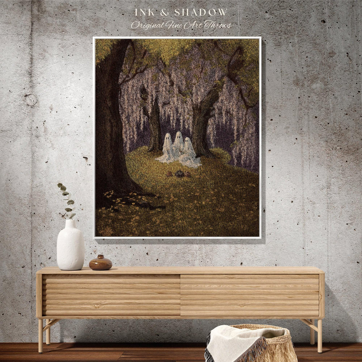 Ghost Picnic Blanket Floral Tapestry Woven Wall Hanging | Halloween Vintage Ghost Art Woven Tapestry Blanket Halloween Decor Dark Academia