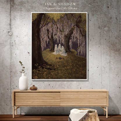 Ghost Picnic Blanket Floral Tapestry Woven Wall Hanging | Halloween Vintage Ghost Art Woven Tapestry Blanket Halloween Decor Dark Academia