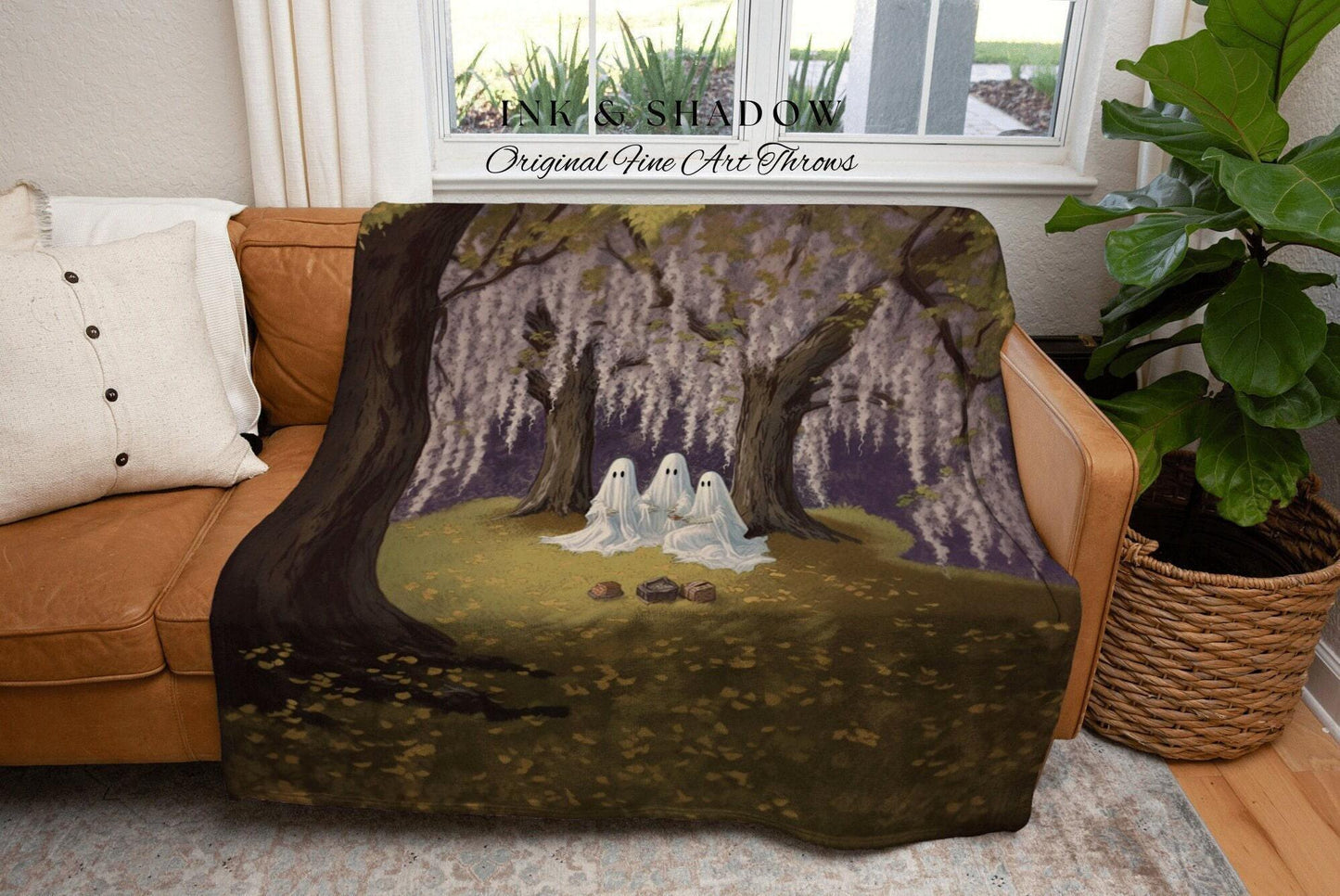 Ghost Picnic Blanket Floral Tapestry Woven Wall Hanging | Halloween Vintage Ghost Art Woven Tapestry Blanket Halloween Decor Dark Academia