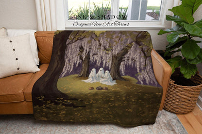 Ghost Picnic Blanket Floral Tapestry Woven Wall Hanging | Halloween Vintage Ghost Art Woven Tapestry Blanket Halloween Decor Dark Academia