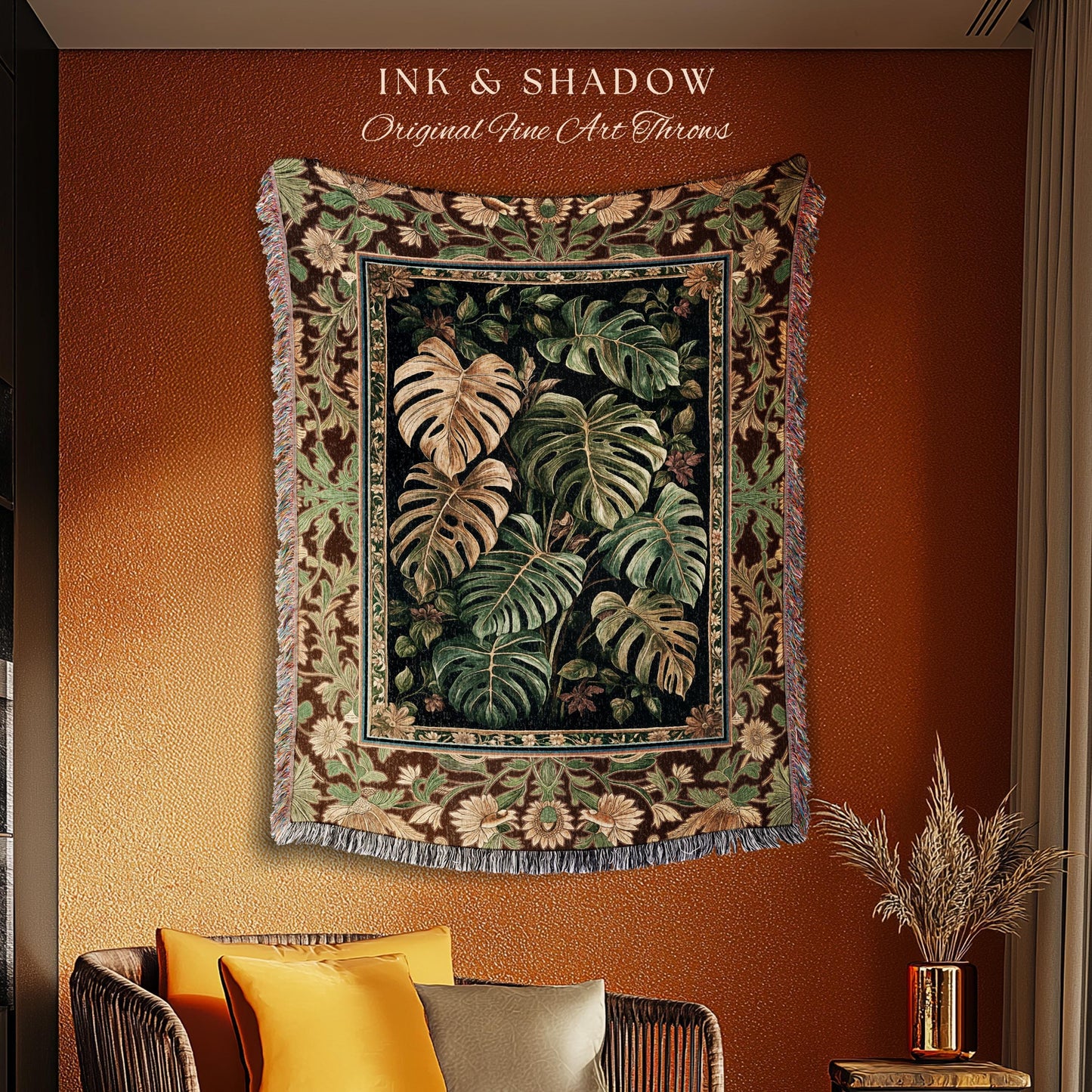 Witchy Forest Tropical Monstera Blanket | Whimsical Houseplant Home Decor Maximalist Woven Throw Dark Cottagecore Enchanting Witch Tapestry