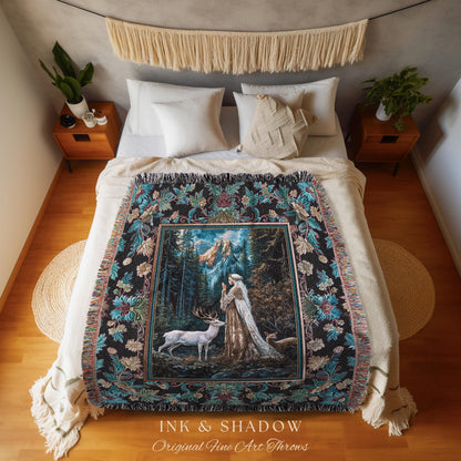 Magical Forest Fantasy Tapestry | Ancient Druid Throw Blanket Woodland Spirit Animal Fairytale Decor Ethereal Woven Blanket Folklore Artwork