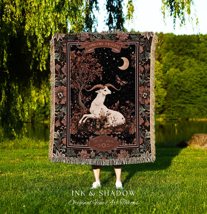 Gothic Romantic Capricorn Zodiac Sign Blanket Celestial Forestcore Throw | The Goat Astrology Victorian Constellation Tapestry Birthday Gift