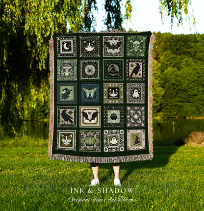 Emerald Green Boho Halloween Blanket | Witchcore Ghost Woven Throw Cozy Bedroom Accent Spooky Season Decor Whimsigoth Gift for Gothic Style