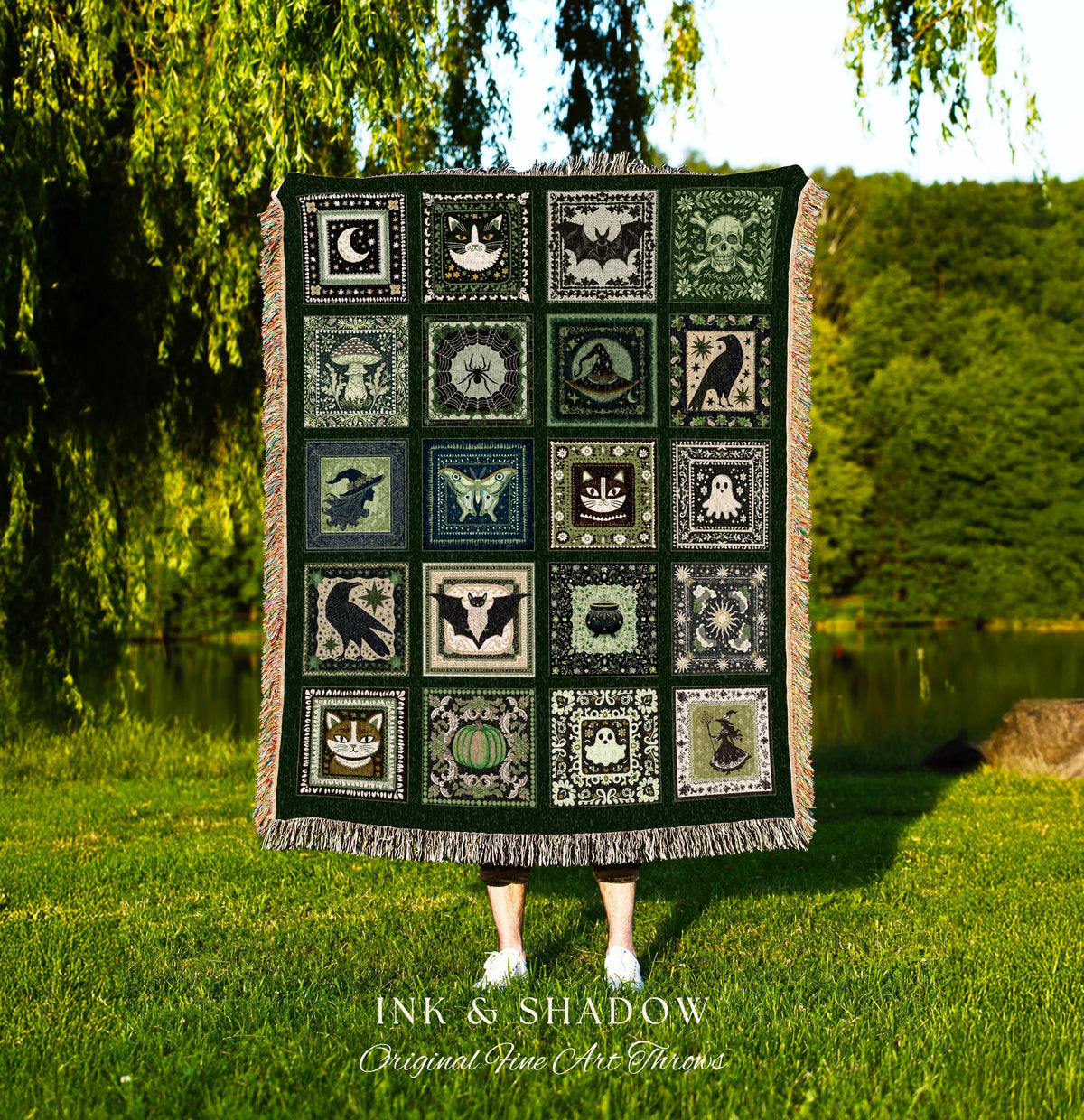 Folk Art Patchwork Green Woven Tapestry Throw Blanket Wall Hanging | Cottage Goth Halloween Spooky Season Goblincore Decor Cozy Whimsy Home