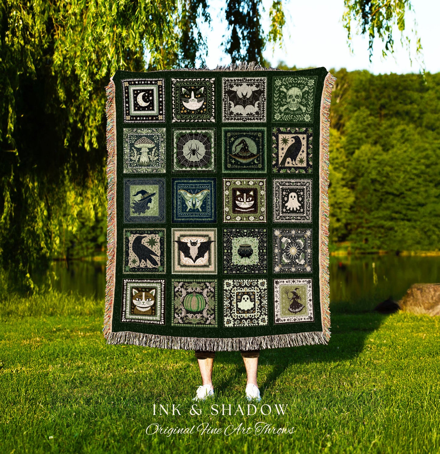 Folk Art Patchwork Green Woven Tapestry Throw Blanket Wall Hanging | Cottage Goth Halloween Spooky Season Goblincore Decor Cozy Whimsy Home