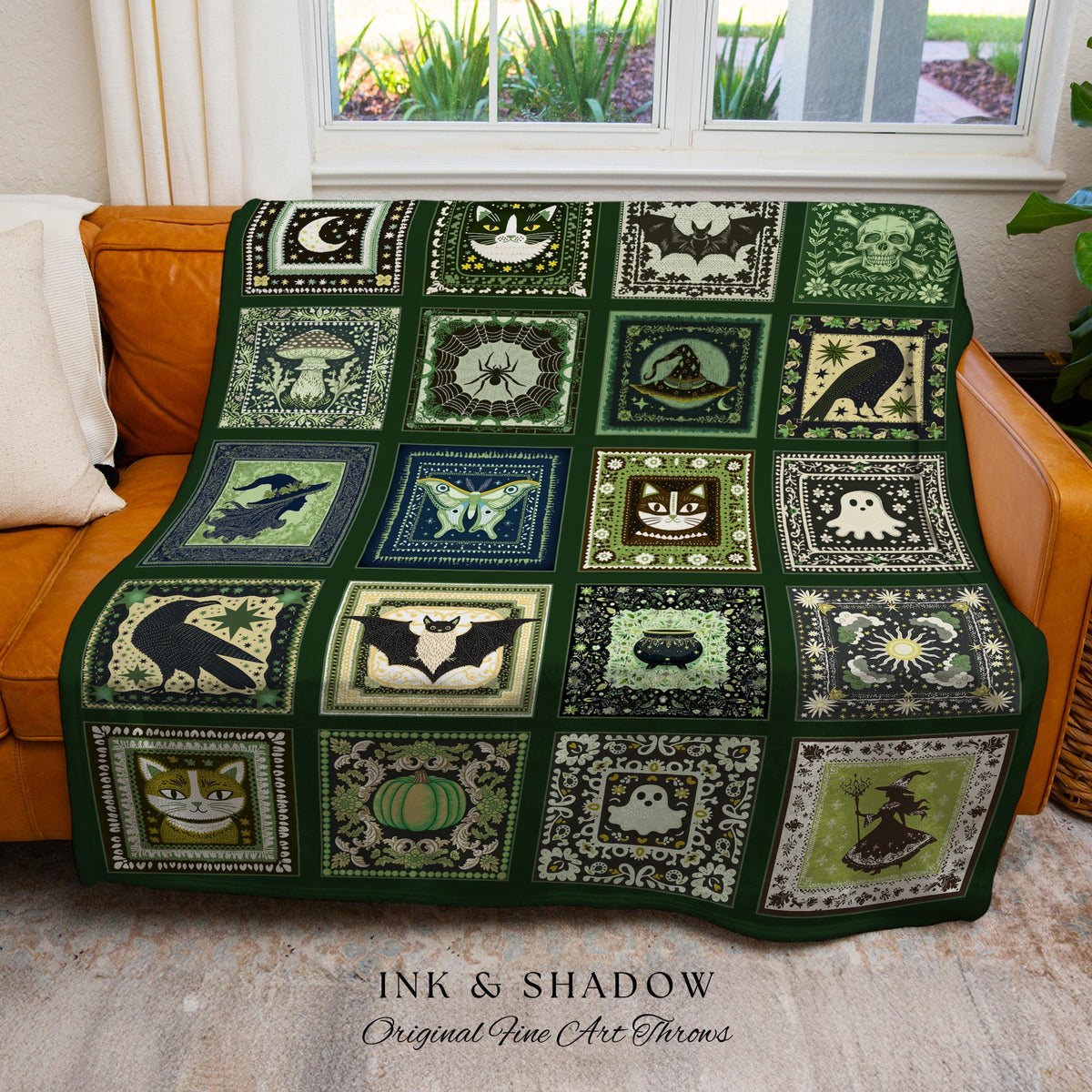 Folk Art Patchwork Green Woven Tapestry Throw Blanket Wall Hanging | Cottage Goth Halloween Spooky Season Goblincore Decor Cozy Whimsy Home