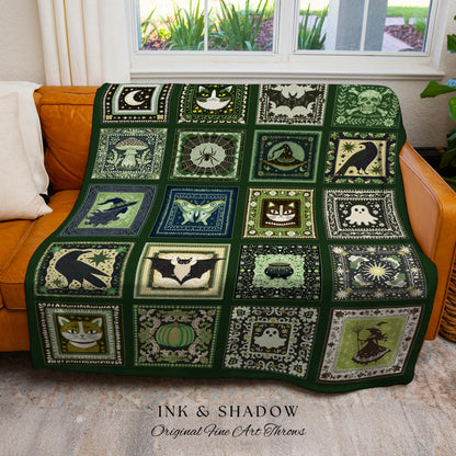 Folk Art Patchwork Green Woven Tapestry Throw Blanket Wall Hanging | Cottage Goth Halloween Spooky Season Goblincore Decor Cozy Whimsy Home