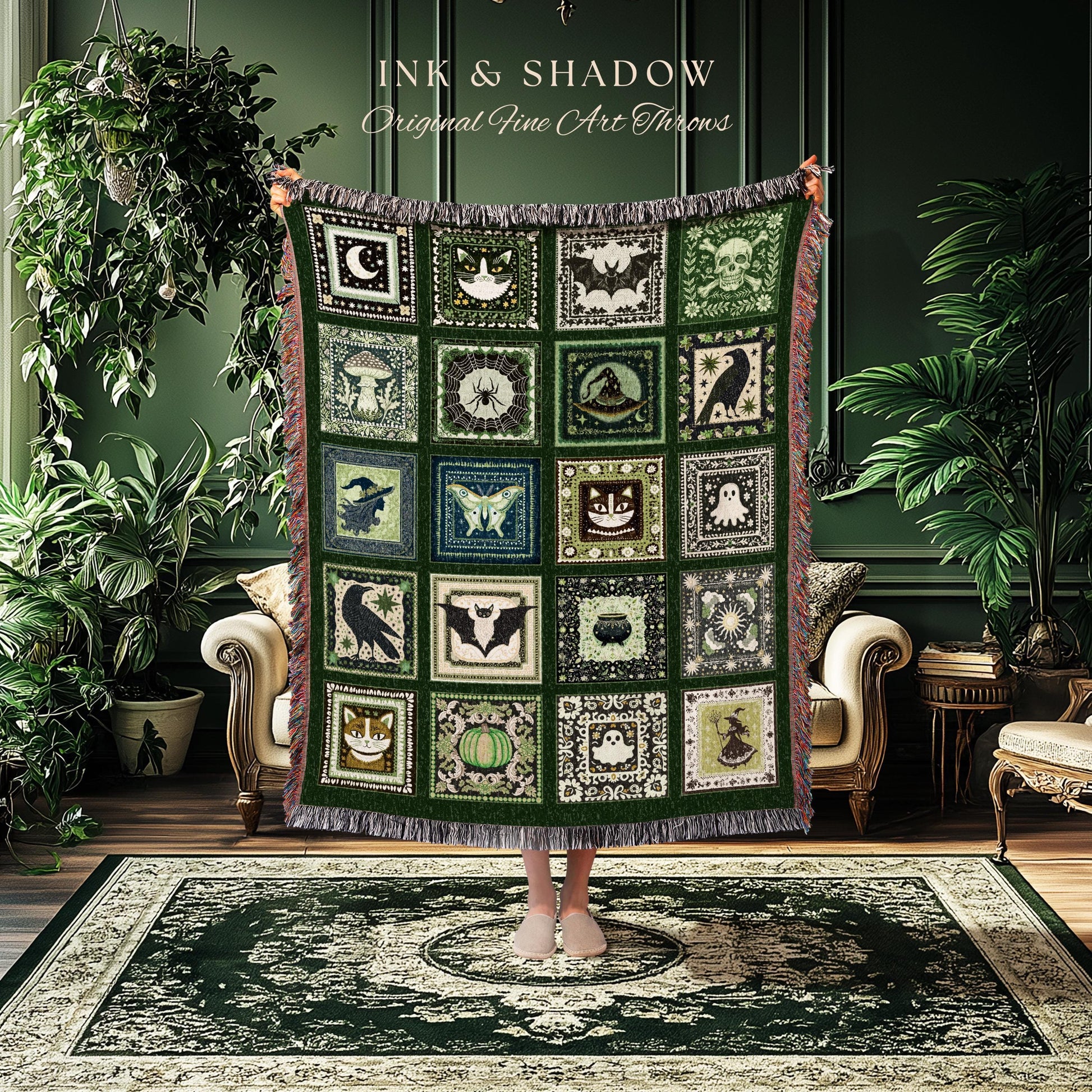 Emerald Green Boho Halloween Blanket | Witchcore Ghost Woven Throw Cozy Bedroom Accent Spooky Season Decor Whimsigoth Gift for Gothic Style