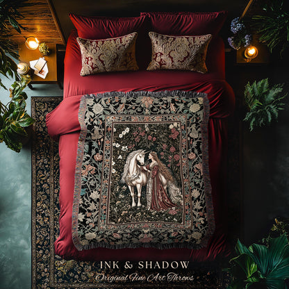Gothic Romance Storybook Cozy Throw Blanket | Dark Academia Fairytale Tapestry Medieval Coquette Cottagecore Dreamy Regal Bedroom Accent |